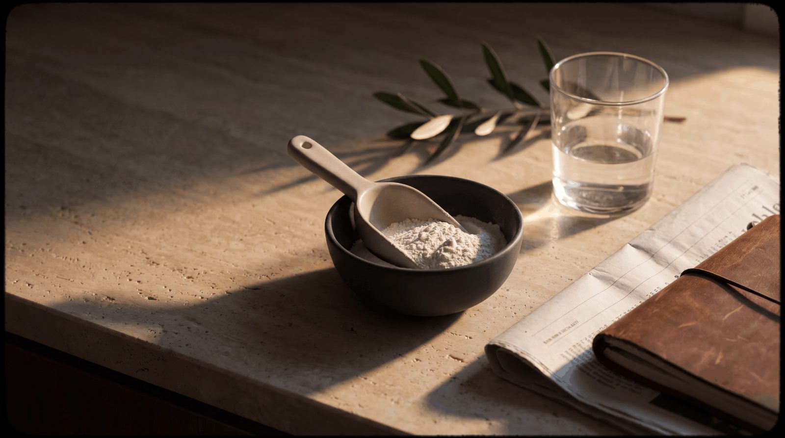 A measured scoop of creatine powder beside a glass of water