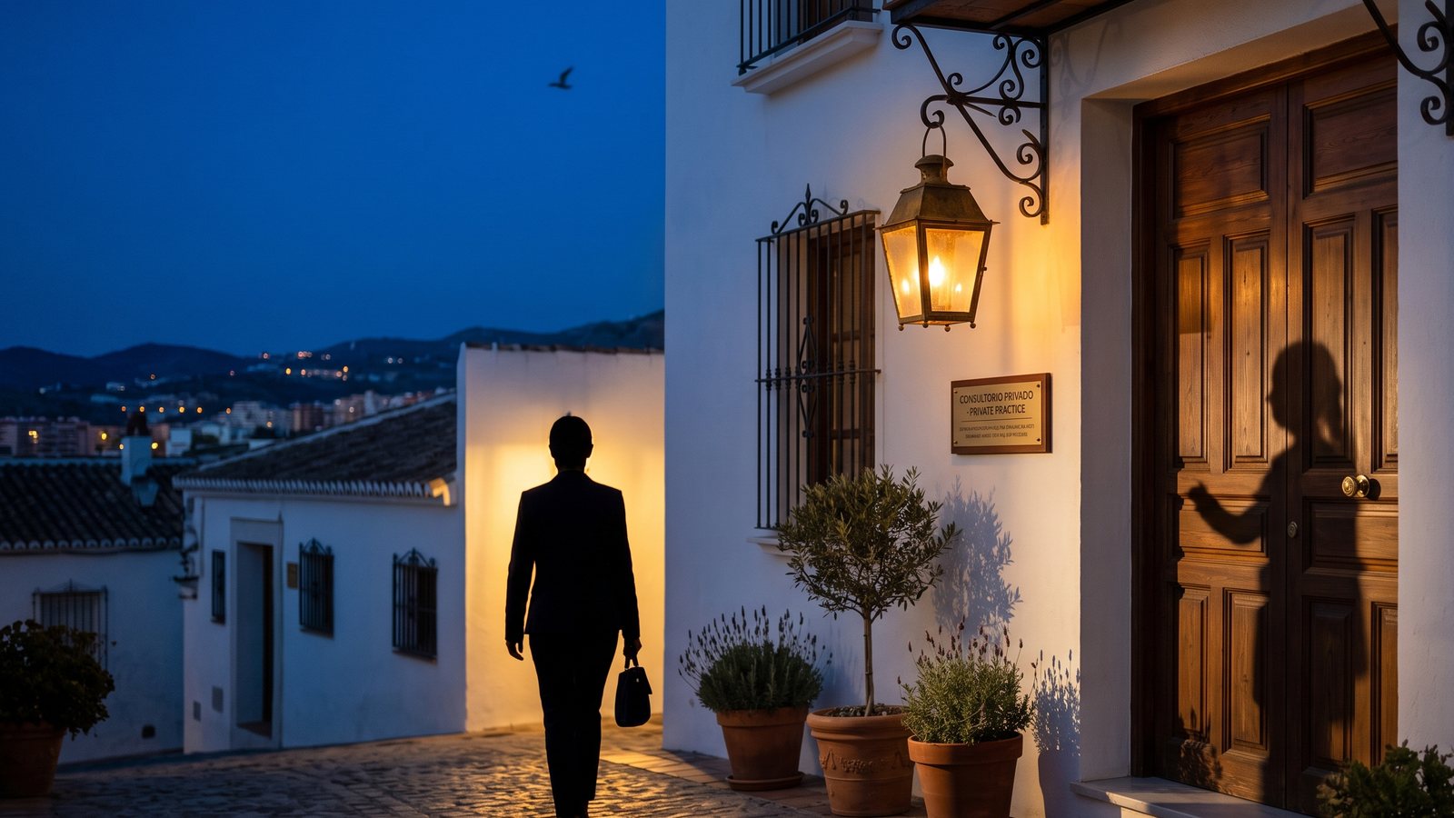 Iemand arriveert bij een door een lantaarn verlichte deur in een oude Andalusische muur bij schemer