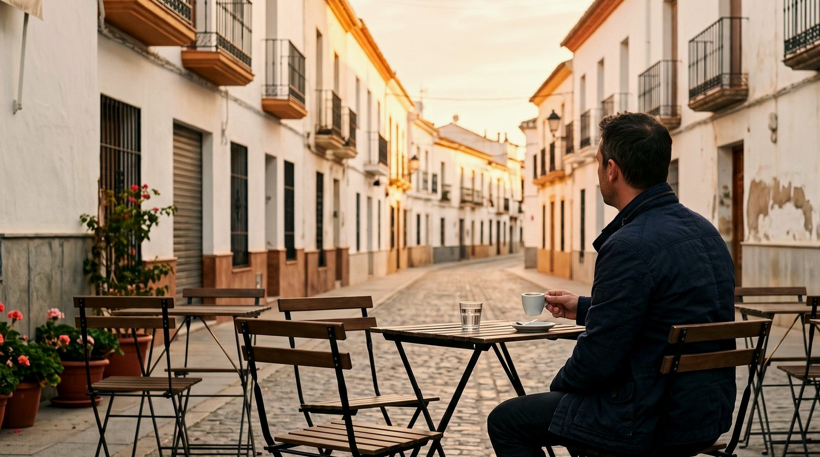 A man alone at an outdoor cafe table in a Spanish street