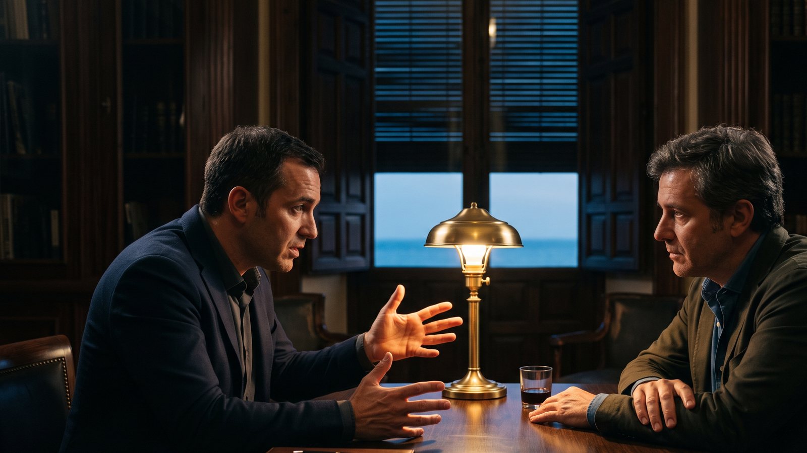 Two men in conversation at a dark table under one brass lamp at dusk
