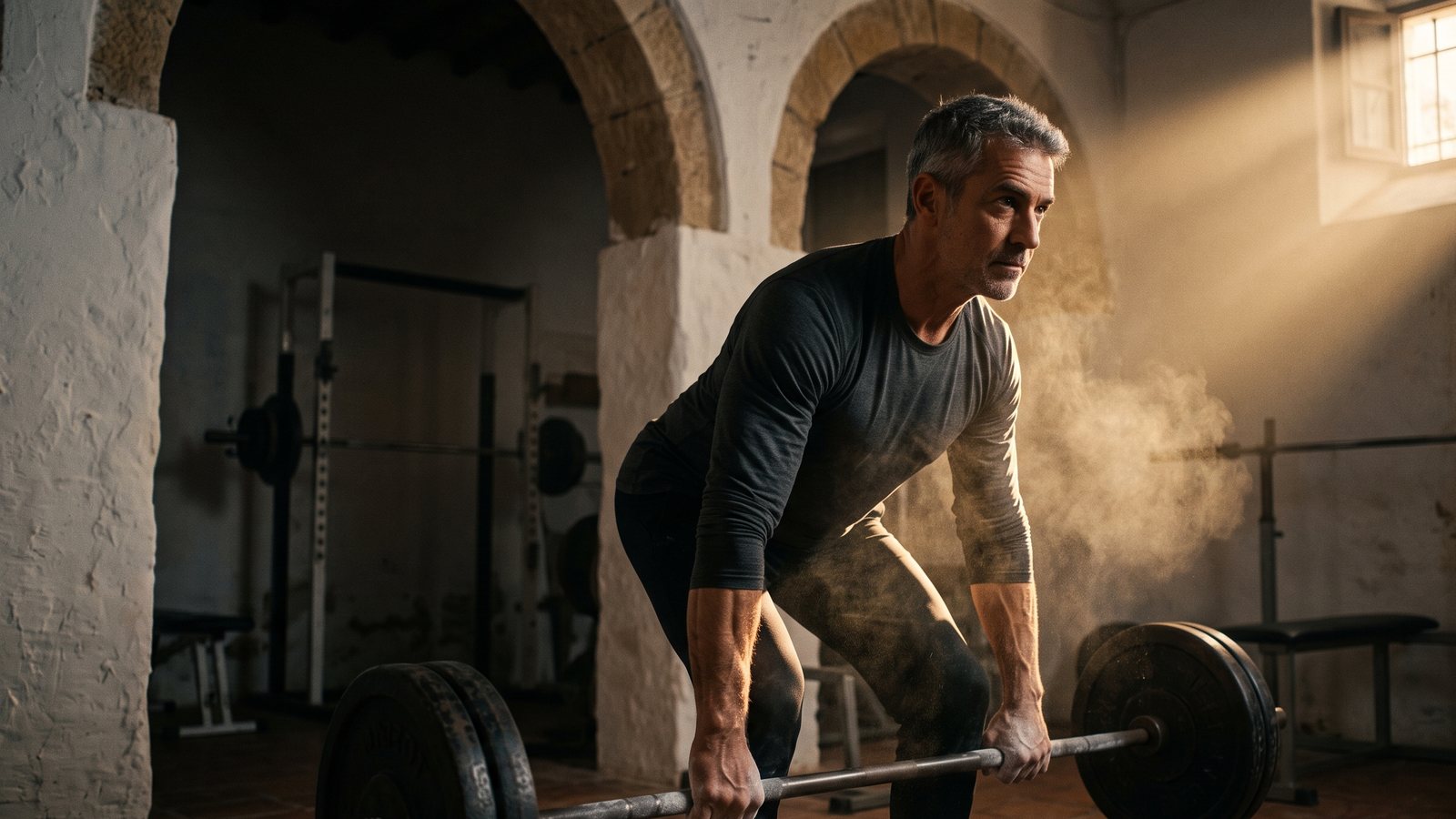 Een man midden in een deadlift in een oude stenen sportruimte in een baan ochtendlicht