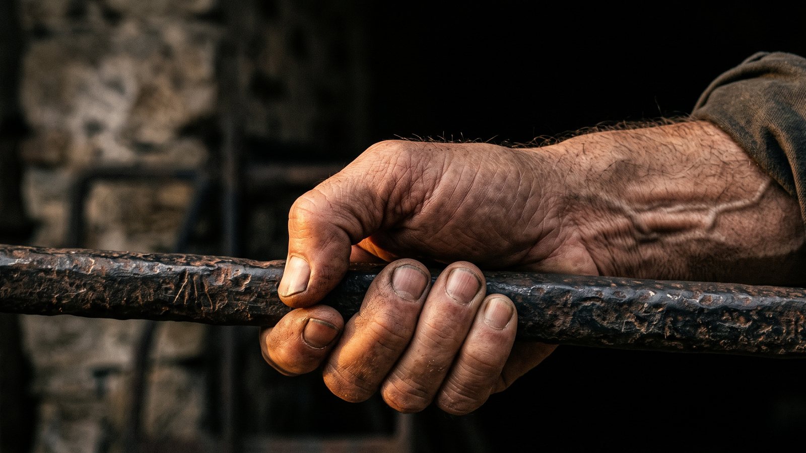 Een verweerde hand die zich hard om een ijzeren stang sluit