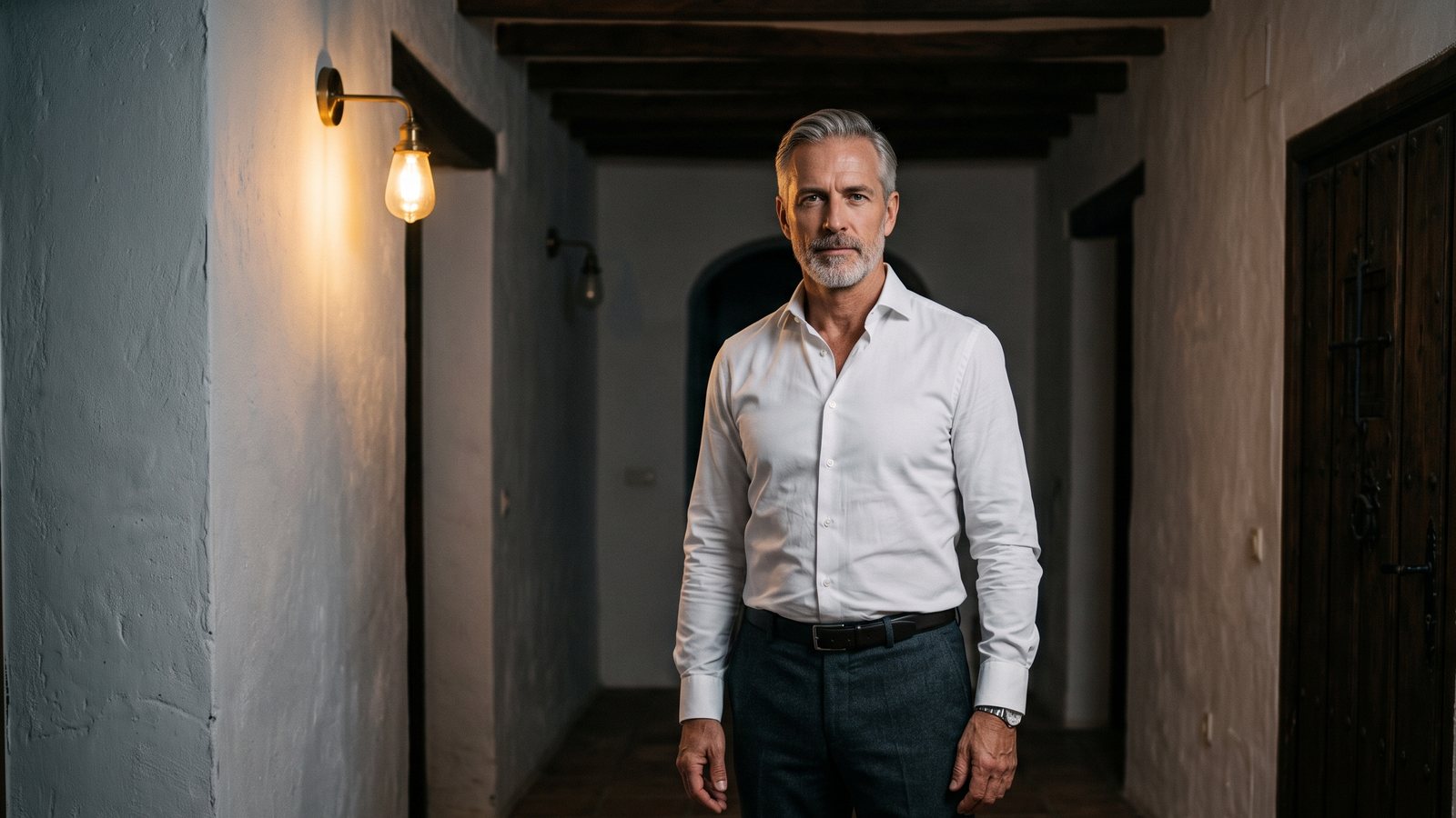 A lean, well dressed man in his fifties standing in a dim hallway, looking entirely healthy