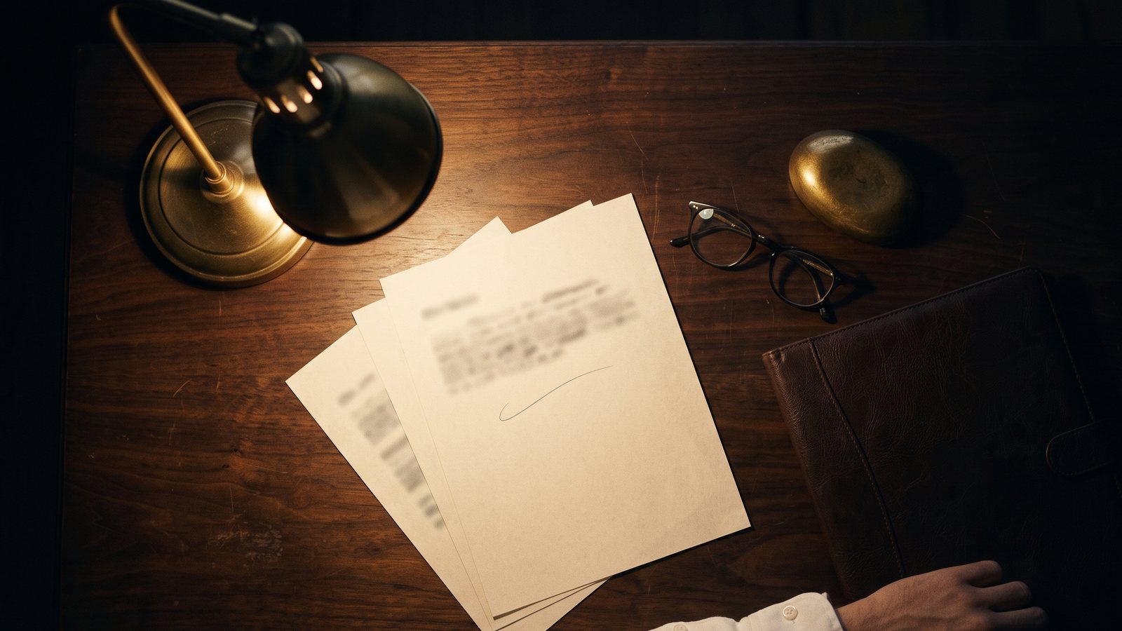 Papieren, een leesbril en een koperen presse-papier op een bureau onder één lamp bij nacht