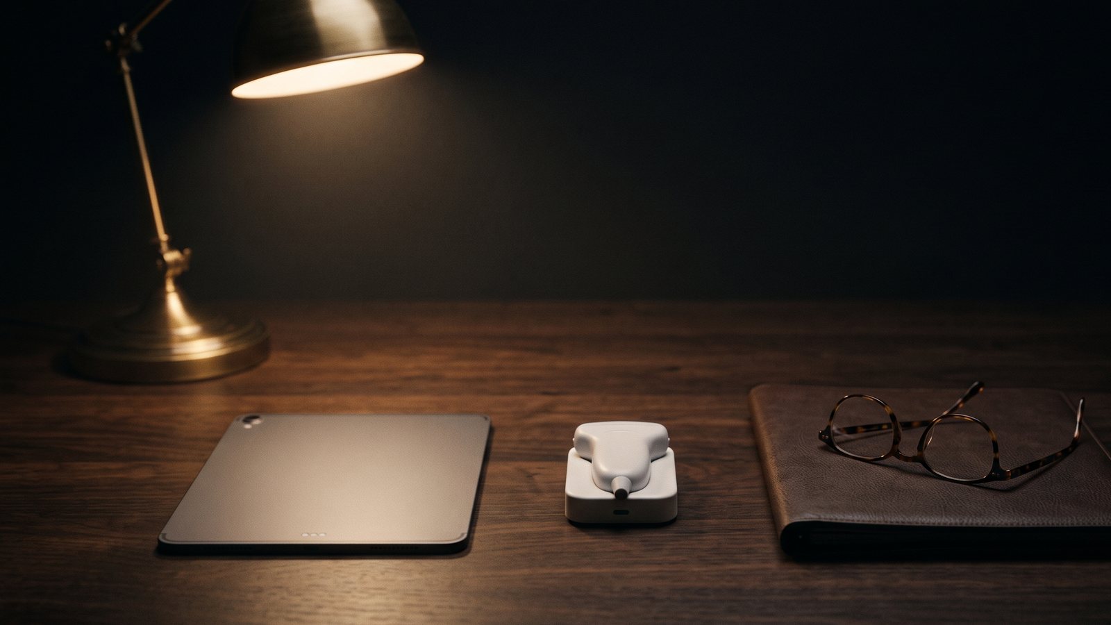 A tablet, a wireless ultrasound probe on its dock and a leather folder on dark wood under one lamp