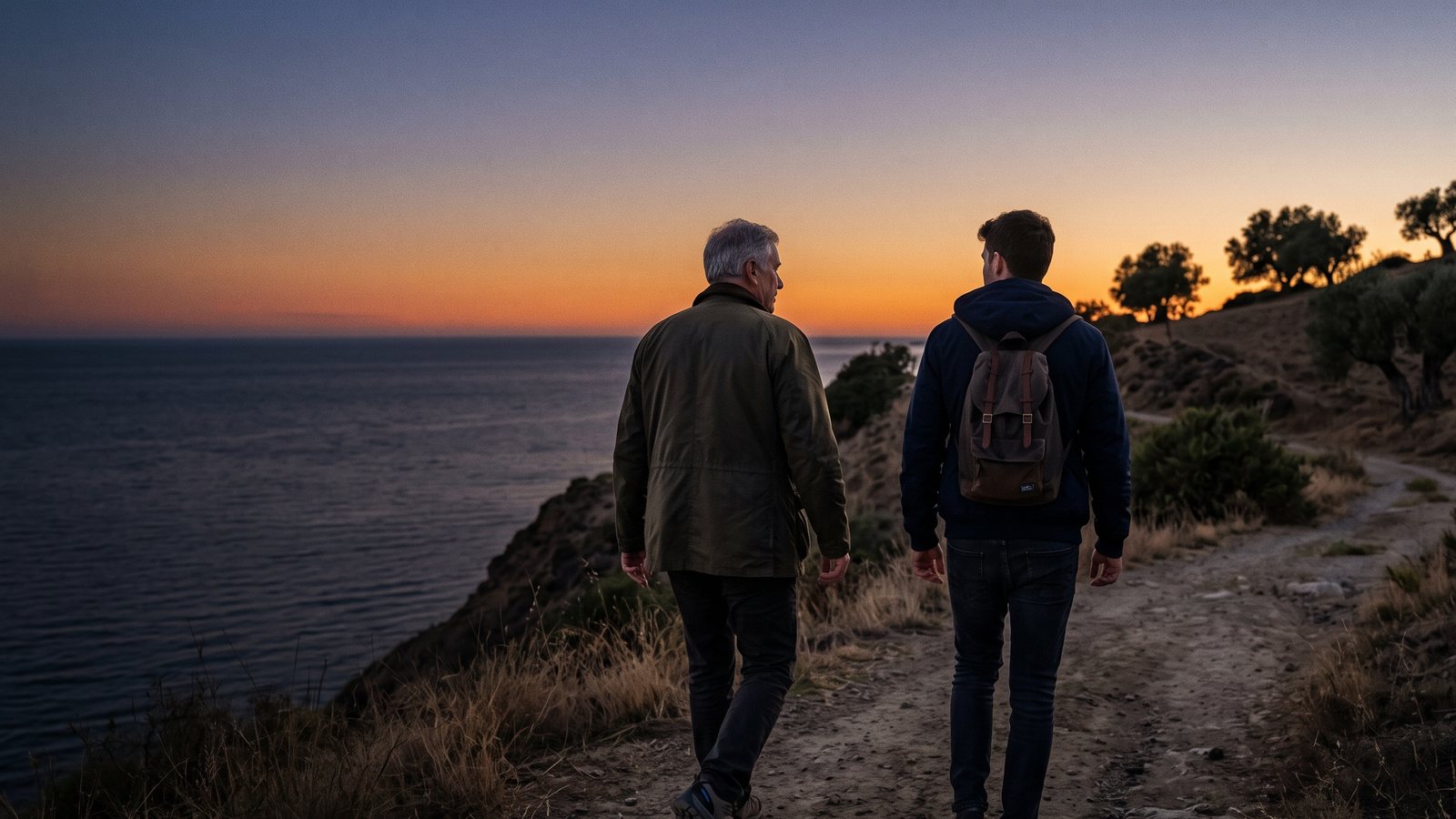 An older and a younger man walking a coastal path together at last light