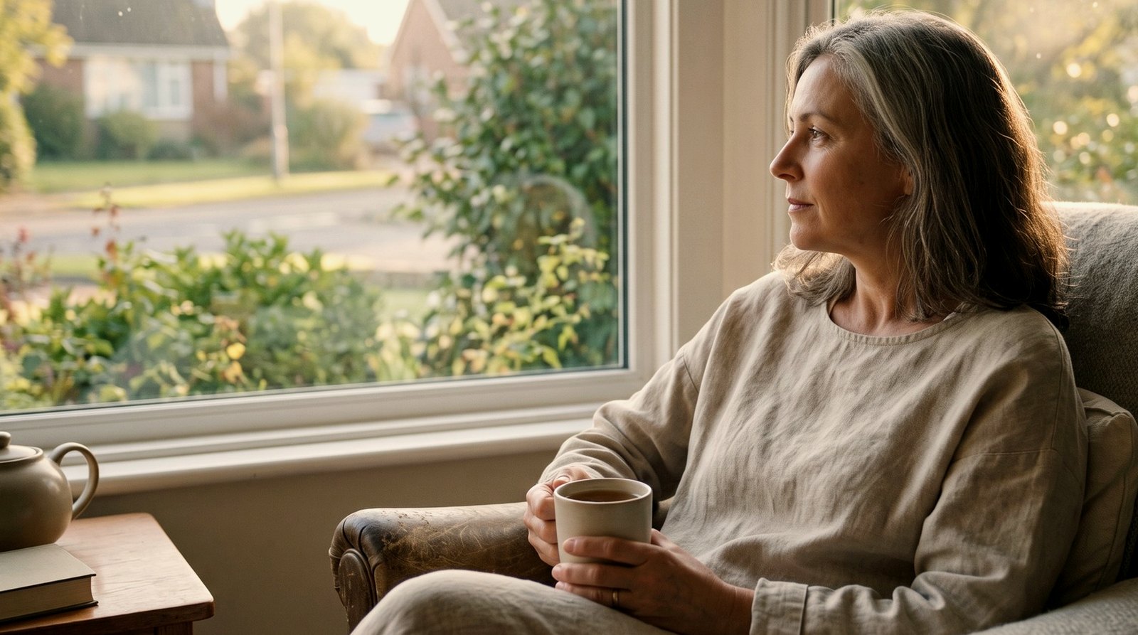 A woman sitting by a window in the morning